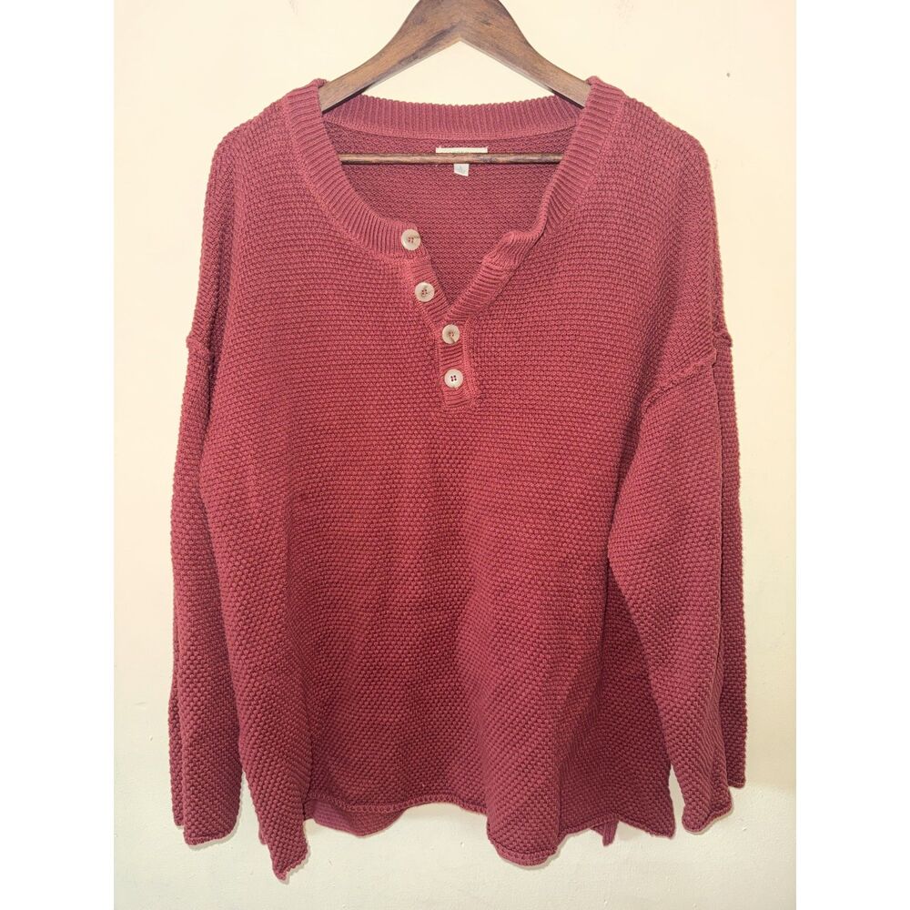 Earthbound Trading Co Terracotta Knit Henley Sweater L Oversized Boho Earthy